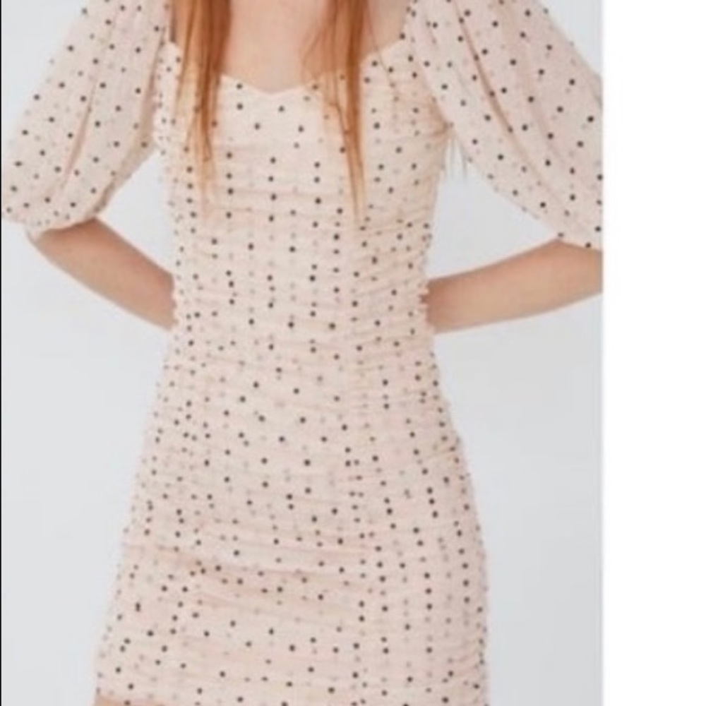 Baby pink polka dot Zara mini dress w/ puff sleeve